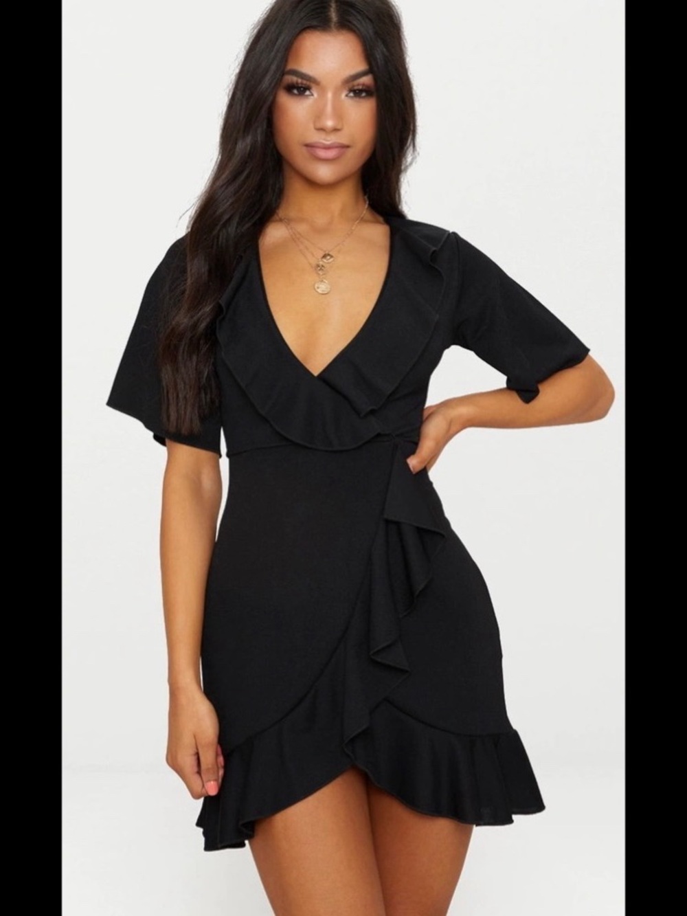PrettyLittleThing Black Ruffle Wrap Mini Dress